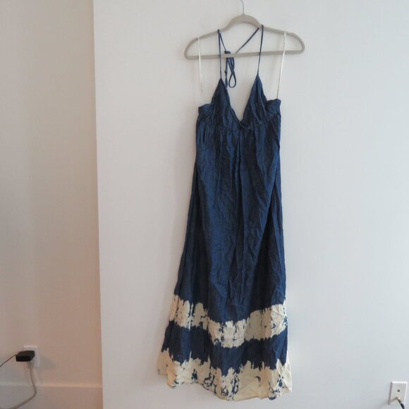 YOUNG FABULOUS & BROKE Denim Tie Dye Maxi Halter Dress Grunge Y2K - Size S - Picture 2 of 12
